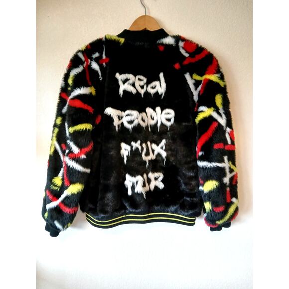 Heurueh Real People Faux Fur Bomber Jacket Black Designer Graffiti Back - Picture 1 of 8